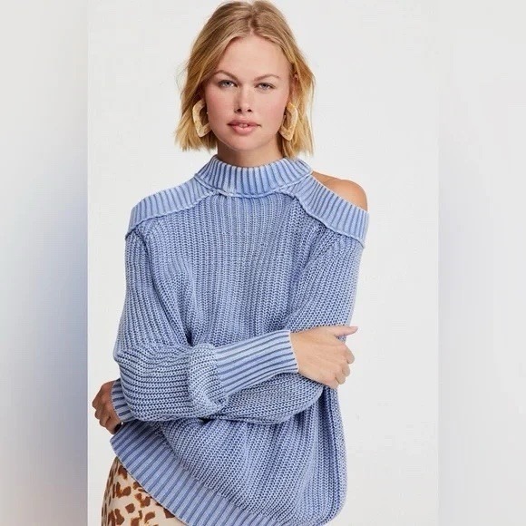 Free People Half Moon Bay Sweater Pullover Blue Open Cold Shoulder Knit Size S - Picture 1 of 11